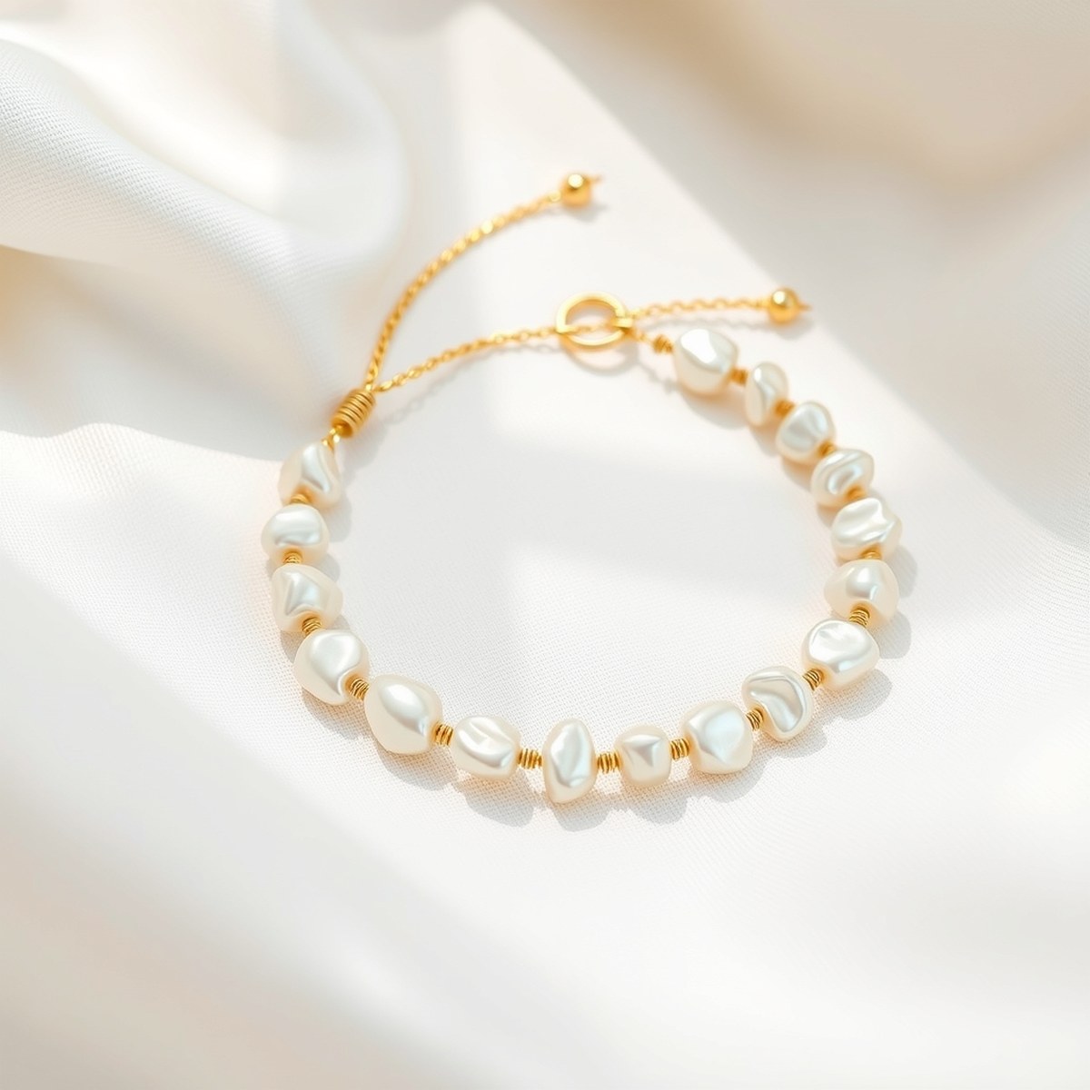 Bracelet de perles d'eau douce véritables posé sur du lin ivoire — vue large