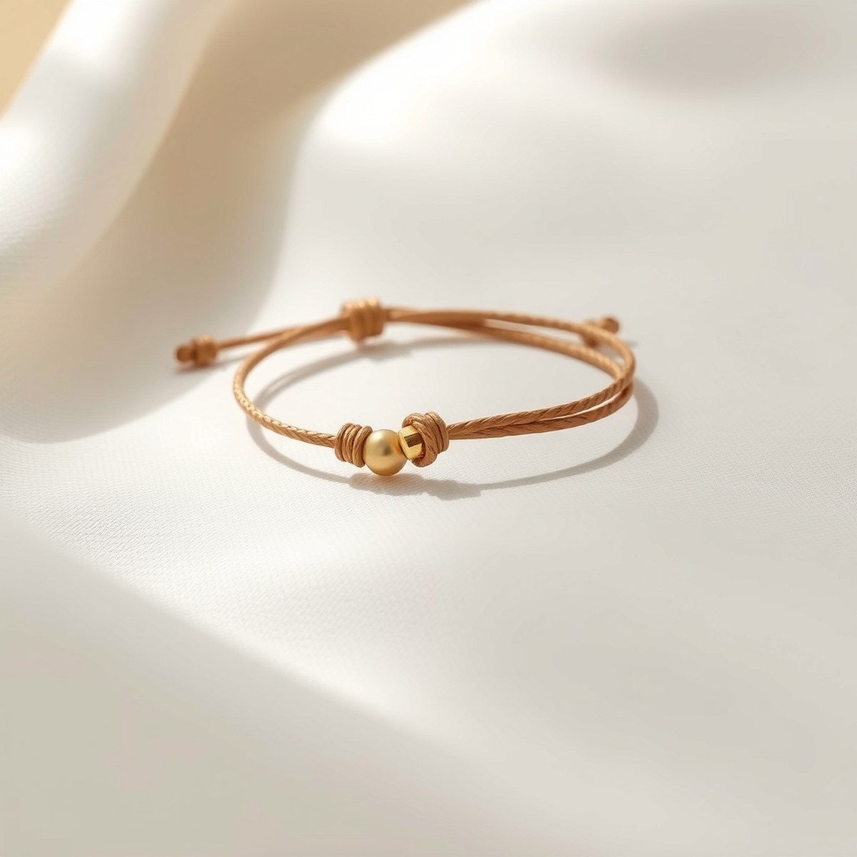 Bracelet cordon tressé en fil ciré et laiton doré posé sur du lin ivoire — vue large